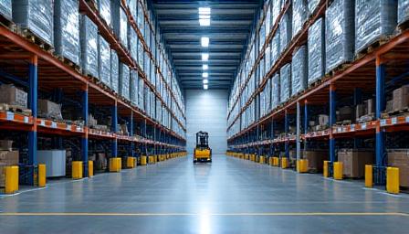 Interior of a high-tech logistics warehouse with sorted freight