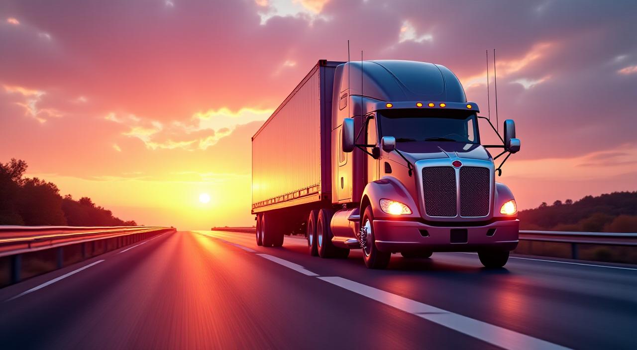 Heavy duty freight truck in motion towards logistics hub