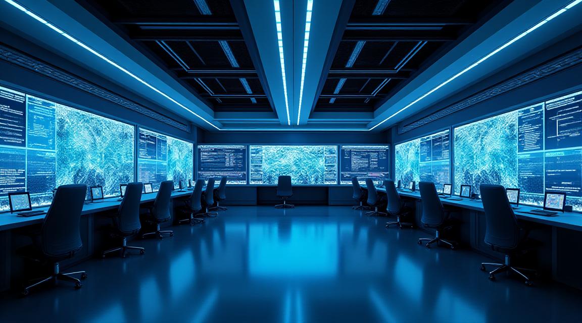 A high-tech logistics dispatch center with glowing maps and transit terminals